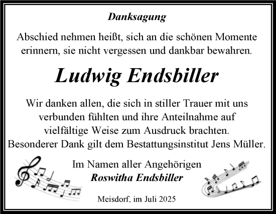 Traueranzeige von Ludwig Endsbiller von Trauerkombi Aschersleben