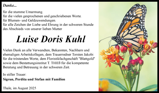 Traueranzeige von Luise Doris Kuhl von Trauerkombi Quedlinburg