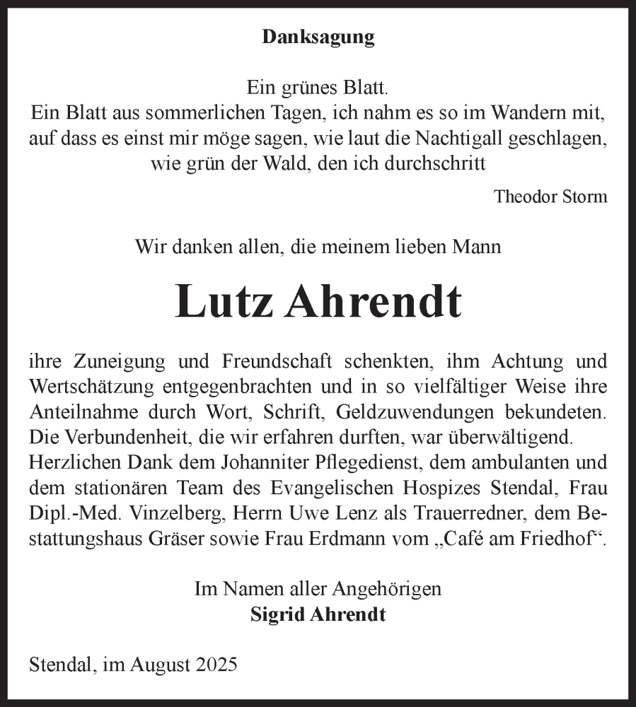  Traueranzeige für Lutz Ahrendt vom 09.08.2025 aus Volksstimme Altmark Ost