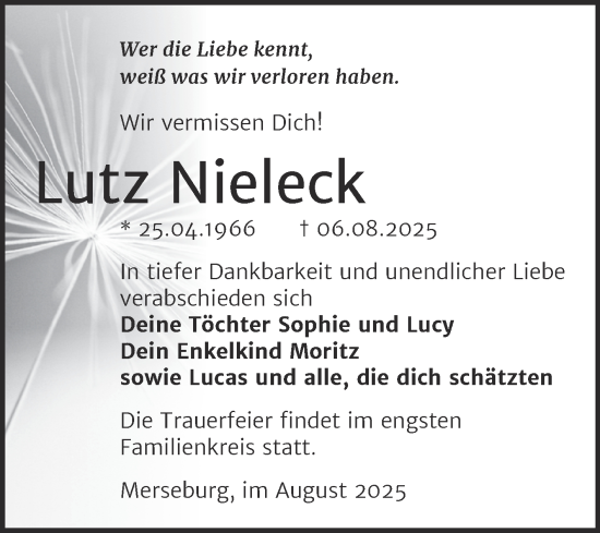 Traueranzeige von Lutz Nieleck von Trauerkombi Merseburg