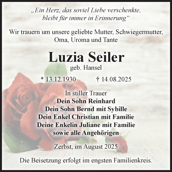 Traueranzeige von Luzia Seiler von Volksstimme Zerbst