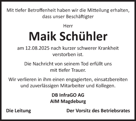 Traueranzeige von Maik Schühler von Volksstimme Oschersleben/Wanzleben