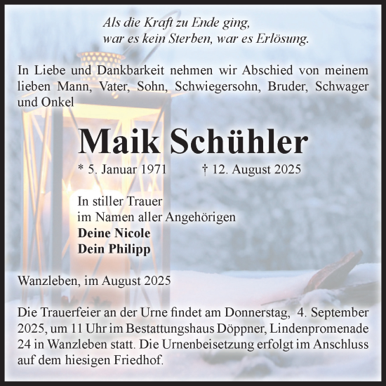 Traueranzeige von Maik Schühler von Volksstimme Oschersleben/Wanzleben