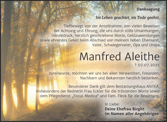 Traueranzeige von Manfred Aleithe von Trauerkombi Köthen