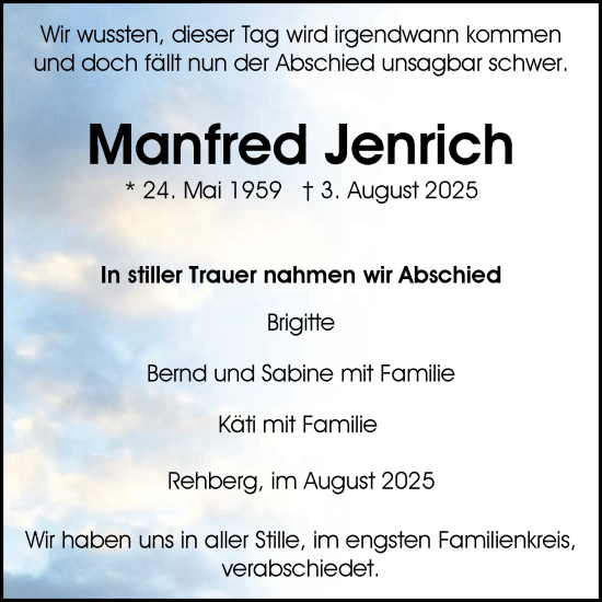 Traueranzeige von Manfred Jenrich von Volksstimme Altmark Ost