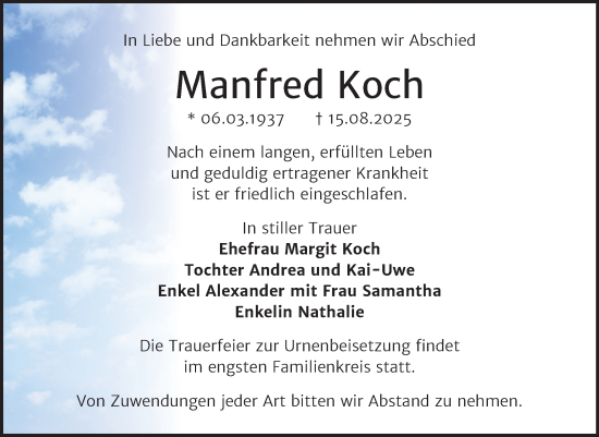 Traueranzeige von Manfred Koch von Trauerkombi Mansfelder Land