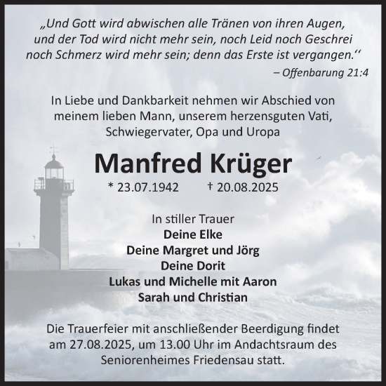 Traueranzeige von Manfred Krüger von Volksstimme Burg/Genthin
