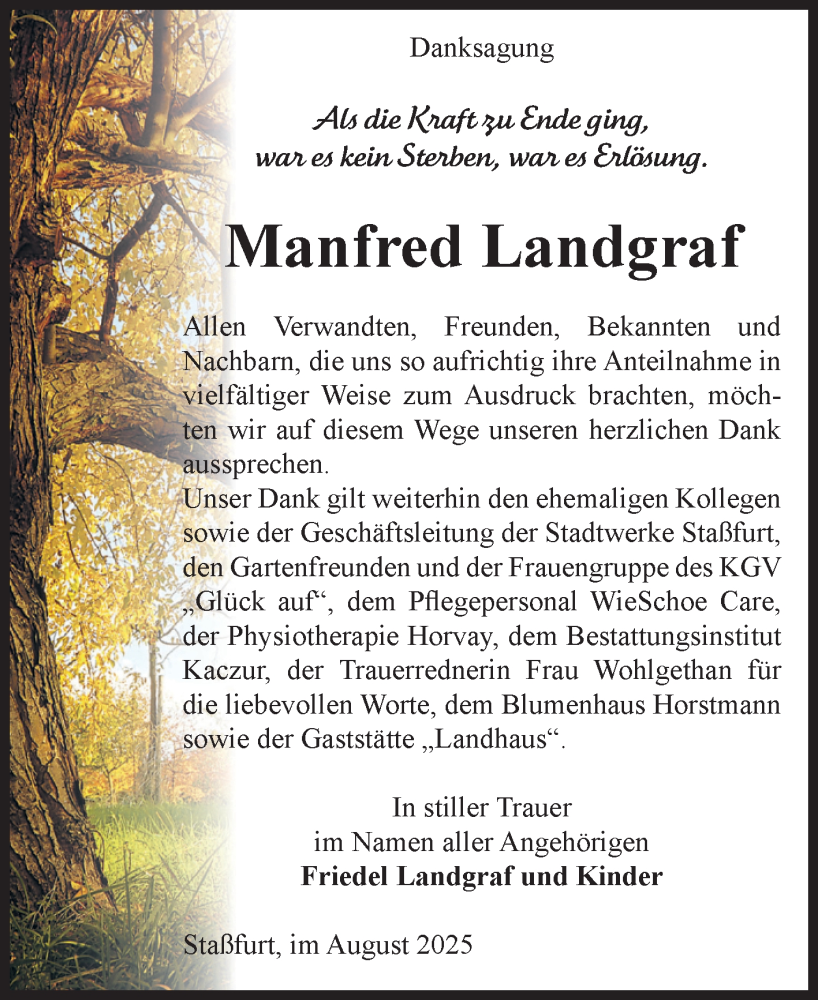  Traueranzeige für Manfred Landgraf vom 09.08.2025 aus 