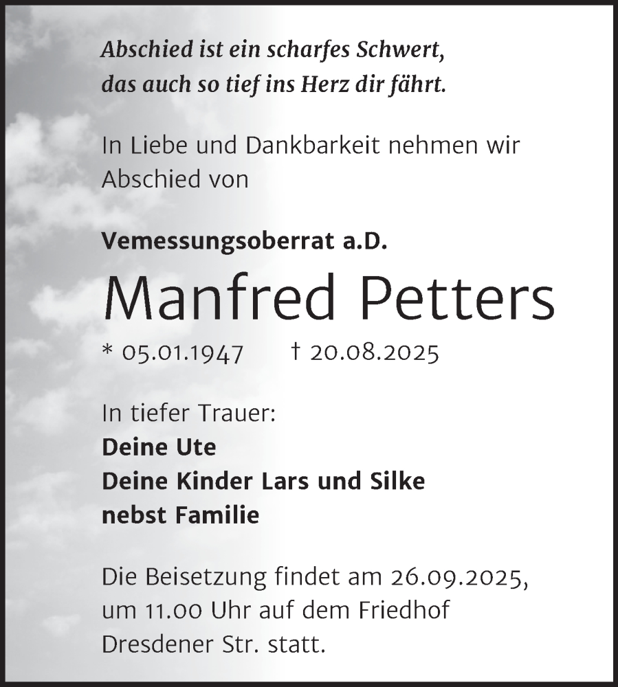  Traueranzeige für Manfred Petters vom 30.08.2025 aus Trauerkombi Wittenberg