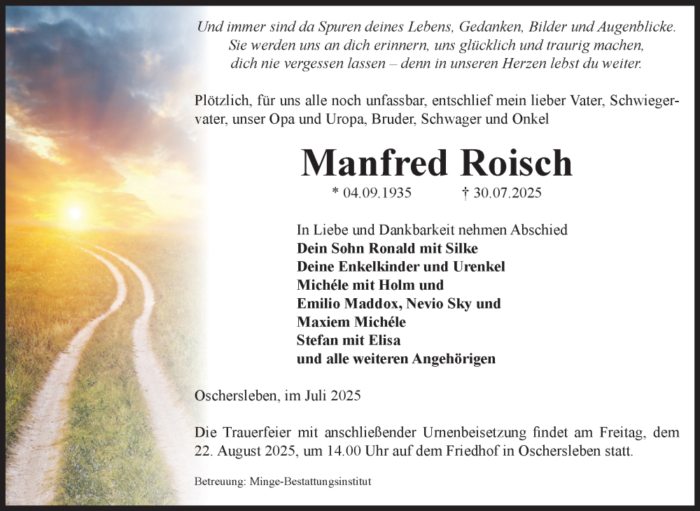  Traueranzeige für Manfred Roisch vom 09.08.2025 aus Volksstimme Oschersleben/Wanzleben