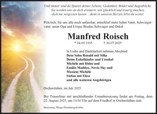 Traueranzeige von Manfred Roisch von Volksstimme Oschersleben/Wanzleben