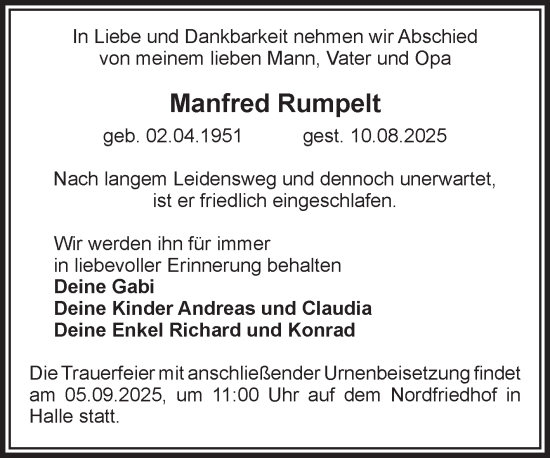 Traueranzeige von Manfred Rumpelt von Mitteldeutsche Zeitung Halle/Saalkreis