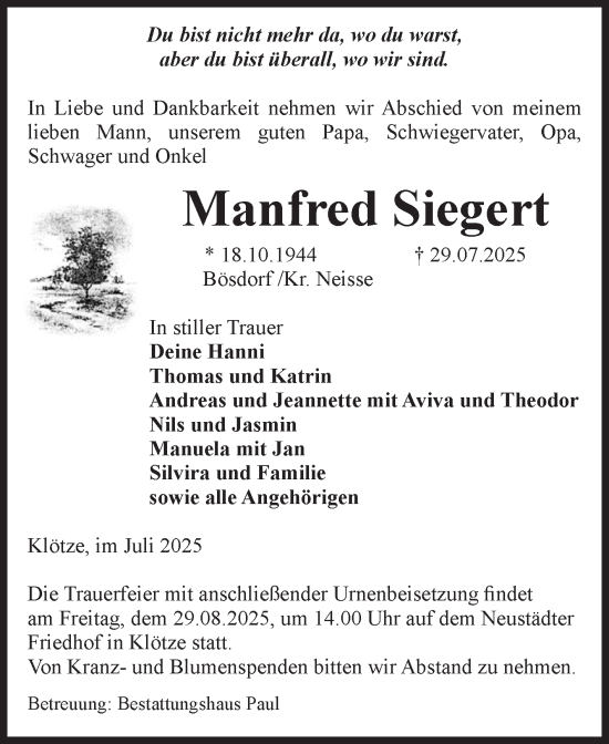 Traueranzeige von Manfred Siegert von Volksstimme Altmark West