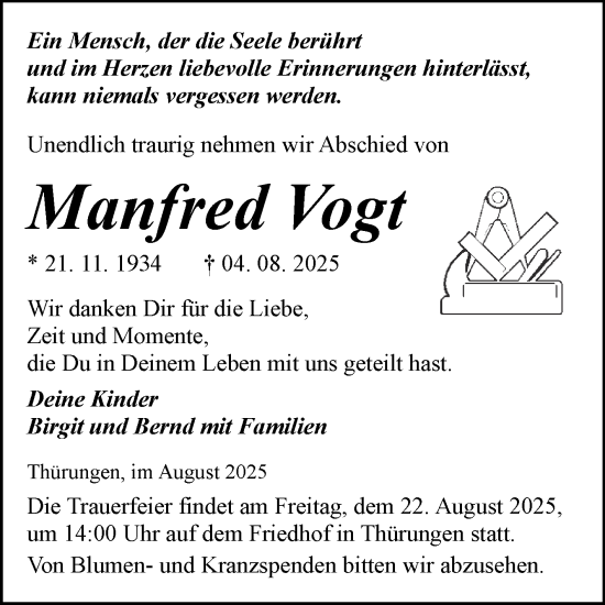 Traueranzeige von Manfred Vogt von Trauerkombi Sangerhausen