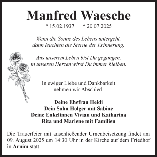 Traueranzeige von Manfred Waesche von Volksstimme Altmark Ost