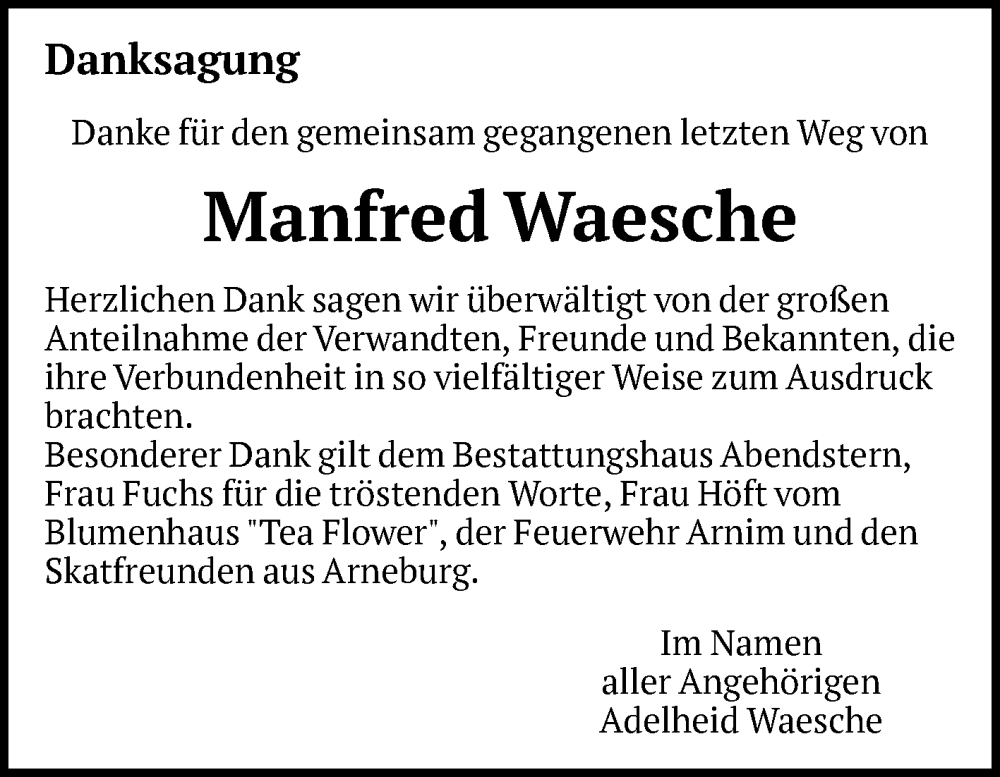  Traueranzeige für Manfred Waesche vom 16.08.2025 aus Volksstimme Altmark Ost