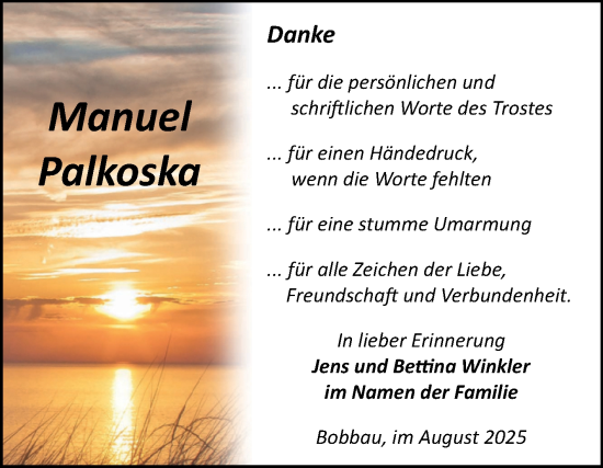 Traueranzeige von Manuel Palkoska von Trauerkombi Köthen