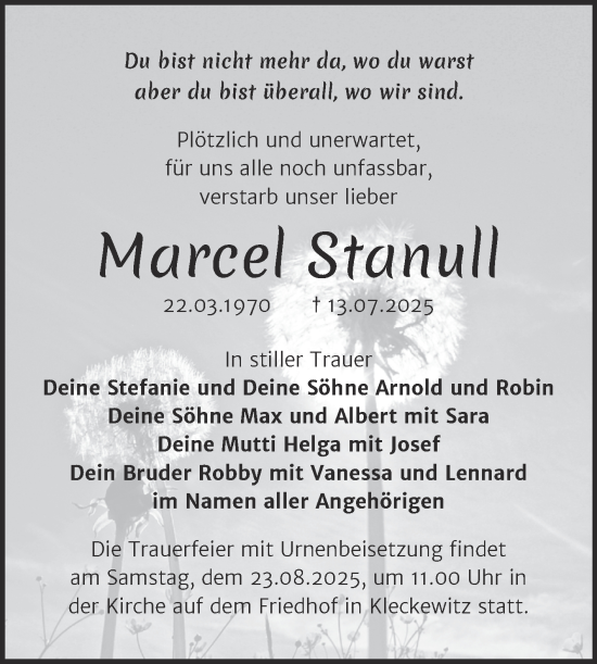 Traueranzeige von Marcel Stanull von Trauerkombi Bitterfeld