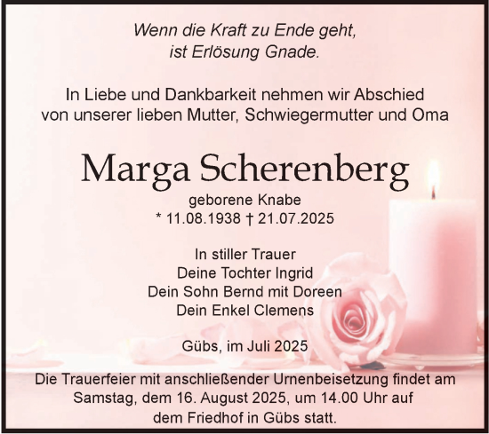 Traueranzeige von Marga Scherenberg von Volksstimme Burg/Genthin