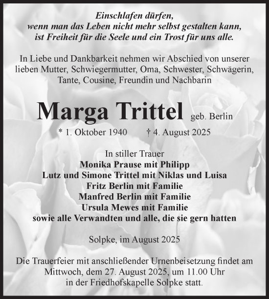 Traueranzeige von Marga Trittel von Volksstimme Altmark West