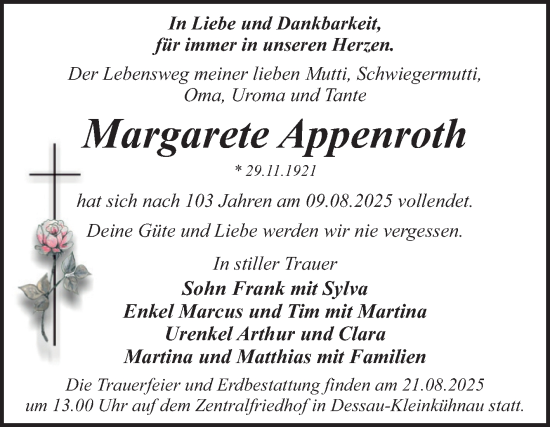 Traueranzeige von Margarete Appenroth von Trauerkombi Dessau