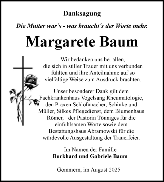 Traueranzeige von Margarete Baum von Volksstimme Burg/Genthin