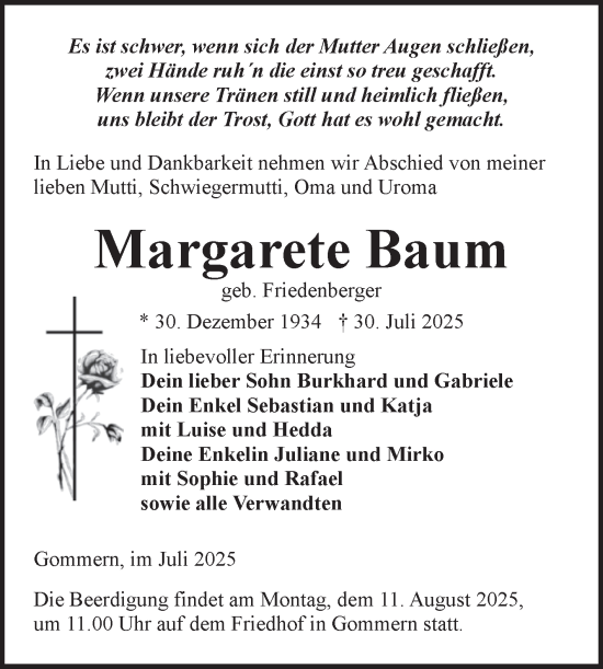 Traueranzeige von Margarete Baum von Volksstimme Burg/Genthin