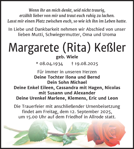 Traueranzeige von Margarete Keßler von Trauerkombi Quedlinburg