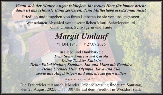 Traueranzeige von Margit Umlauf von Trauerkombi Aschersleben