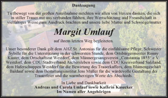 Traueranzeige von Margit Umlauf von Trauerkombi Aschersleben