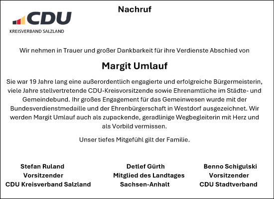 Traueranzeige von Margit Umlauf von Mitteldeutsche Zeitung Aschersleben