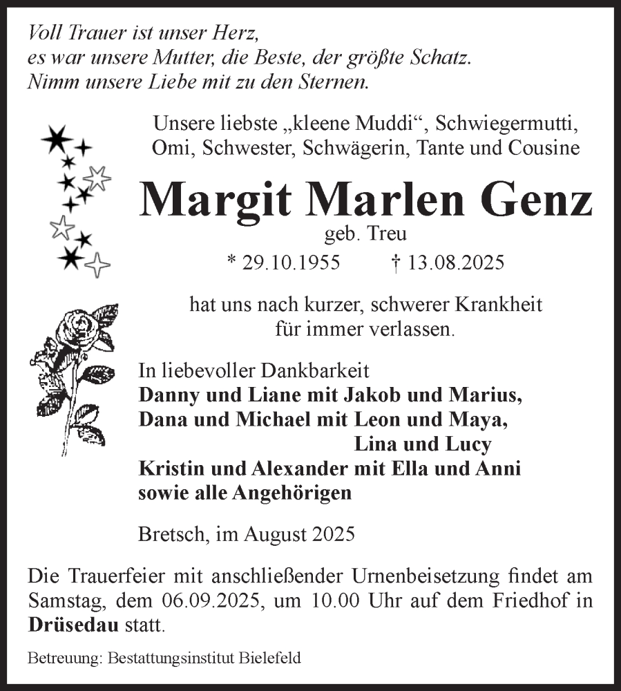  Traueranzeige für Margit Marlen Genz vom 30.08.2025 aus Volksstimme Altmark Ost