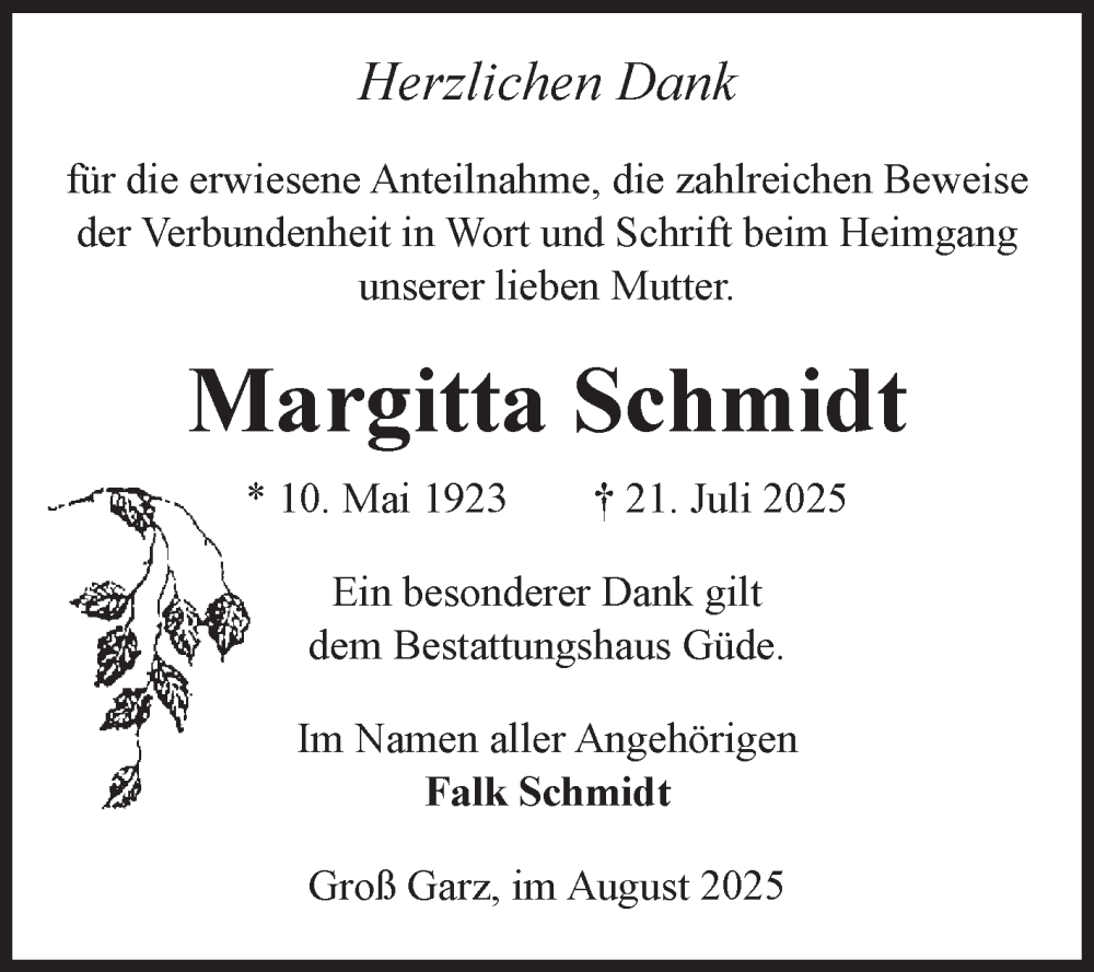 Traueranzeige für Margitta Schmidt vom 16.08.2025 aus Volksstimme Altmark Ost