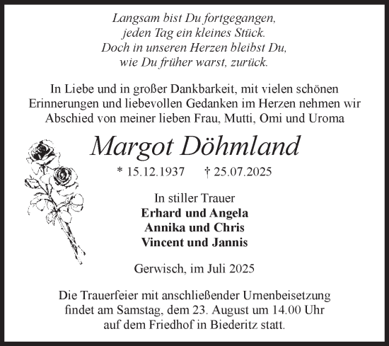 Traueranzeige von Margot Döhmland von Volksstimme Burg/Genthin