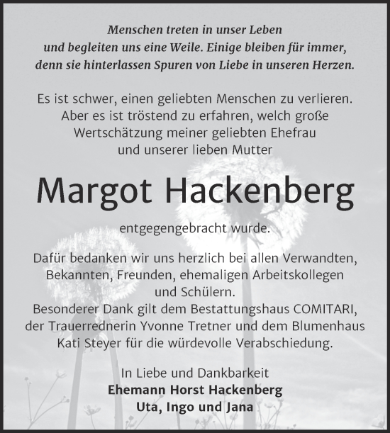 Traueranzeige von Margot Hackenberg von Trauerkombi Zeitz