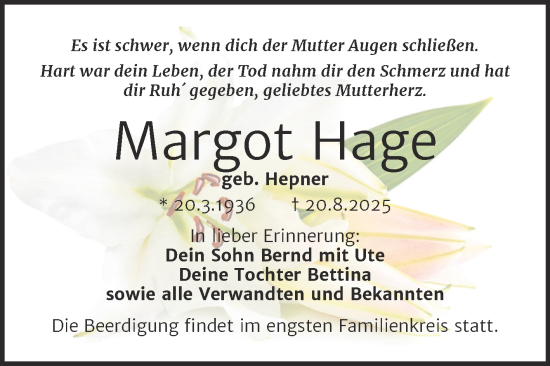 Traueranzeige von Margot Hage von Trauerkombi Wittenberg