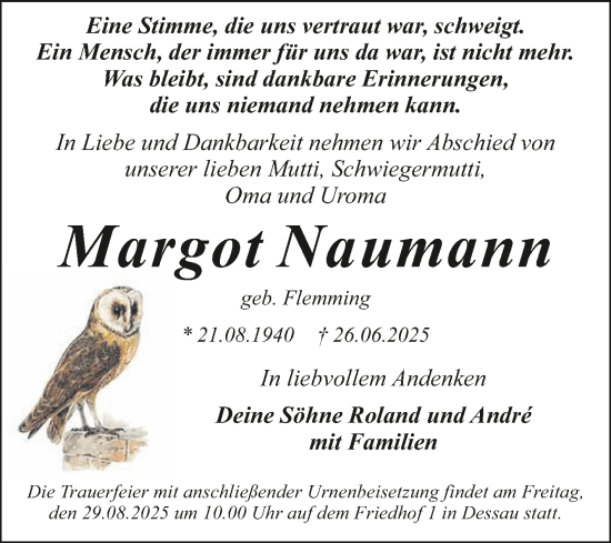 Traueranzeige von Margot Naumann von Trauerkombi Dessau