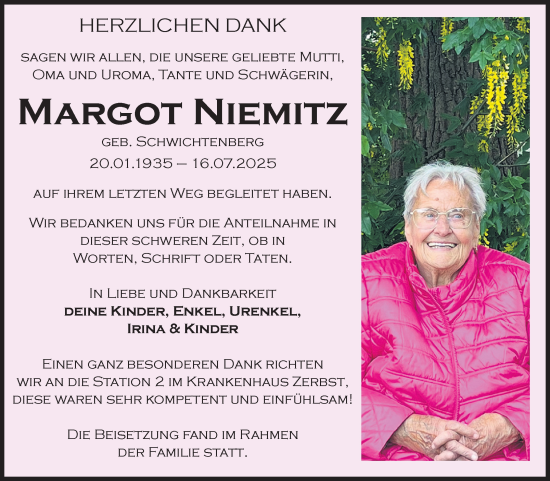 Traueranzeige von Margot Niemitz von Volksstimme Zerbst