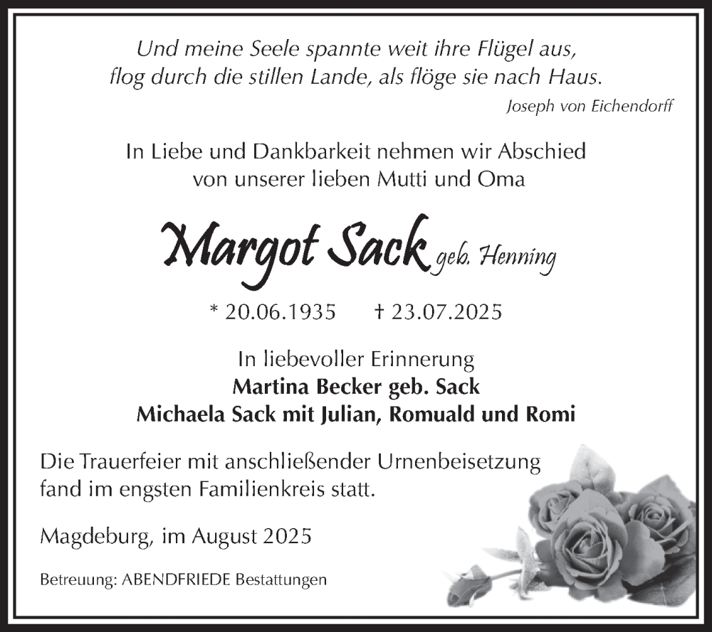  Traueranzeige für Margot Sack vom 23.08.2025 aus Volksstimme Magdeburg