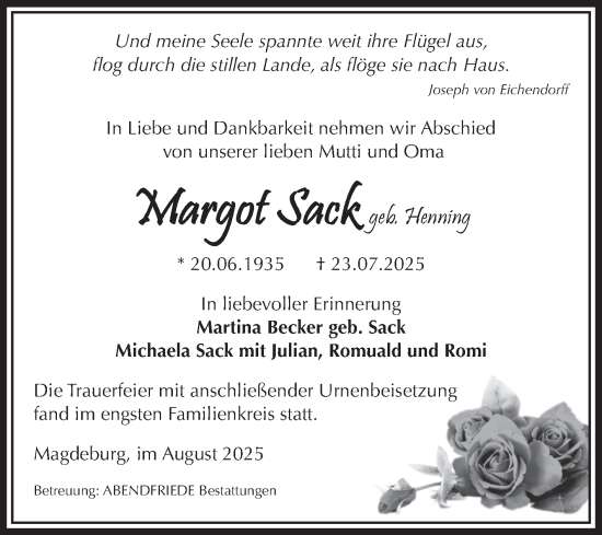 Traueranzeige von Margot Sack von Volksstimme Magdeburg