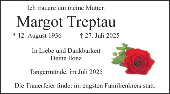 Traueranzeige von Margot Treptau von Volksstimme Altmark Ost