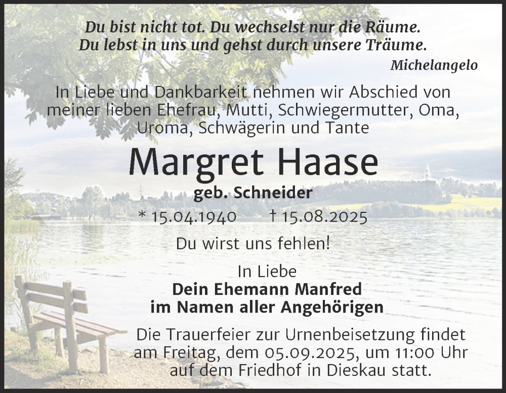  Traueranzeige für Margret Haase vom 30.08.2025 aus Trauerkombi Merseburg