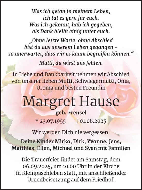 Traueranzeige von Margret Hause von Trauerkombi Köthen