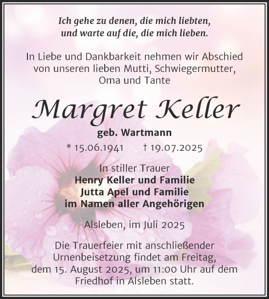 Traueranzeige von Margret Keller von Trauerkombi Bernburg