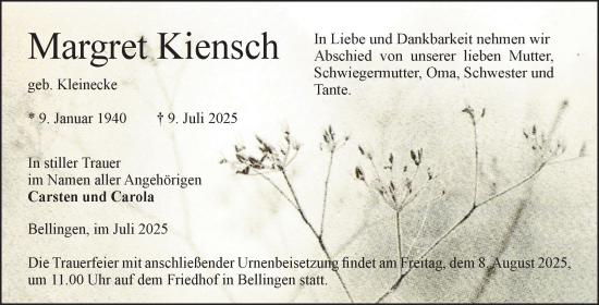 Traueranzeige von Margret Kiensch von Volksstimme Altmark Ost