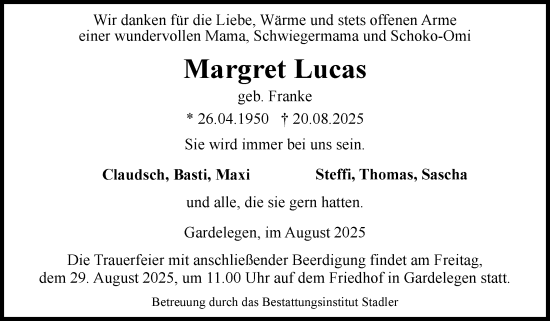 Traueranzeige von Margret Lucas von Volksstimme Altmark West