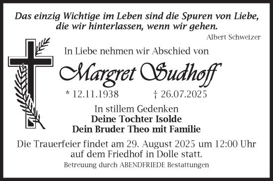 Traueranzeige von Margret Sudhoff von Volksstimme Haldensleben/Wolmirstedt