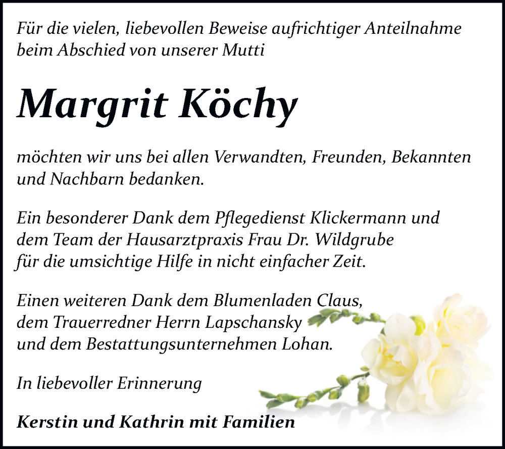  Traueranzeige für Margrit Köchy vom 23.08.2025 aus Trauerkombi Bitterfeld