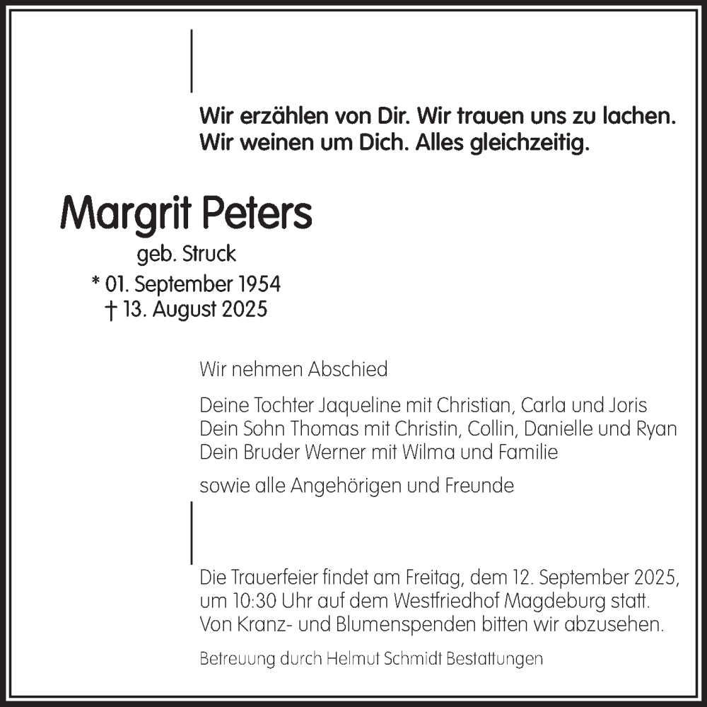  Traueranzeige für Margrit Peters vom 23.08.2025 aus Volksstimme Altmark West