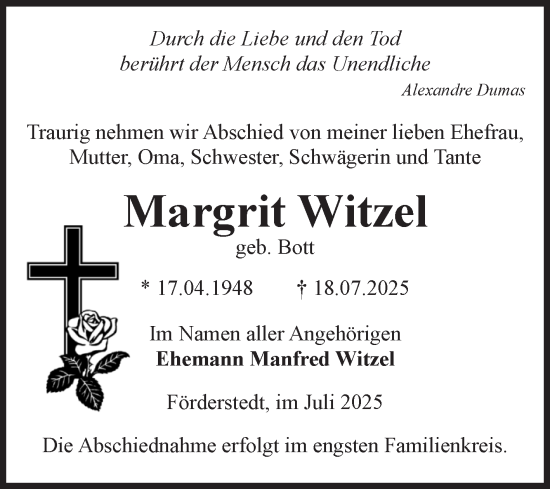 Traueranzeige von Margrit Witzel 